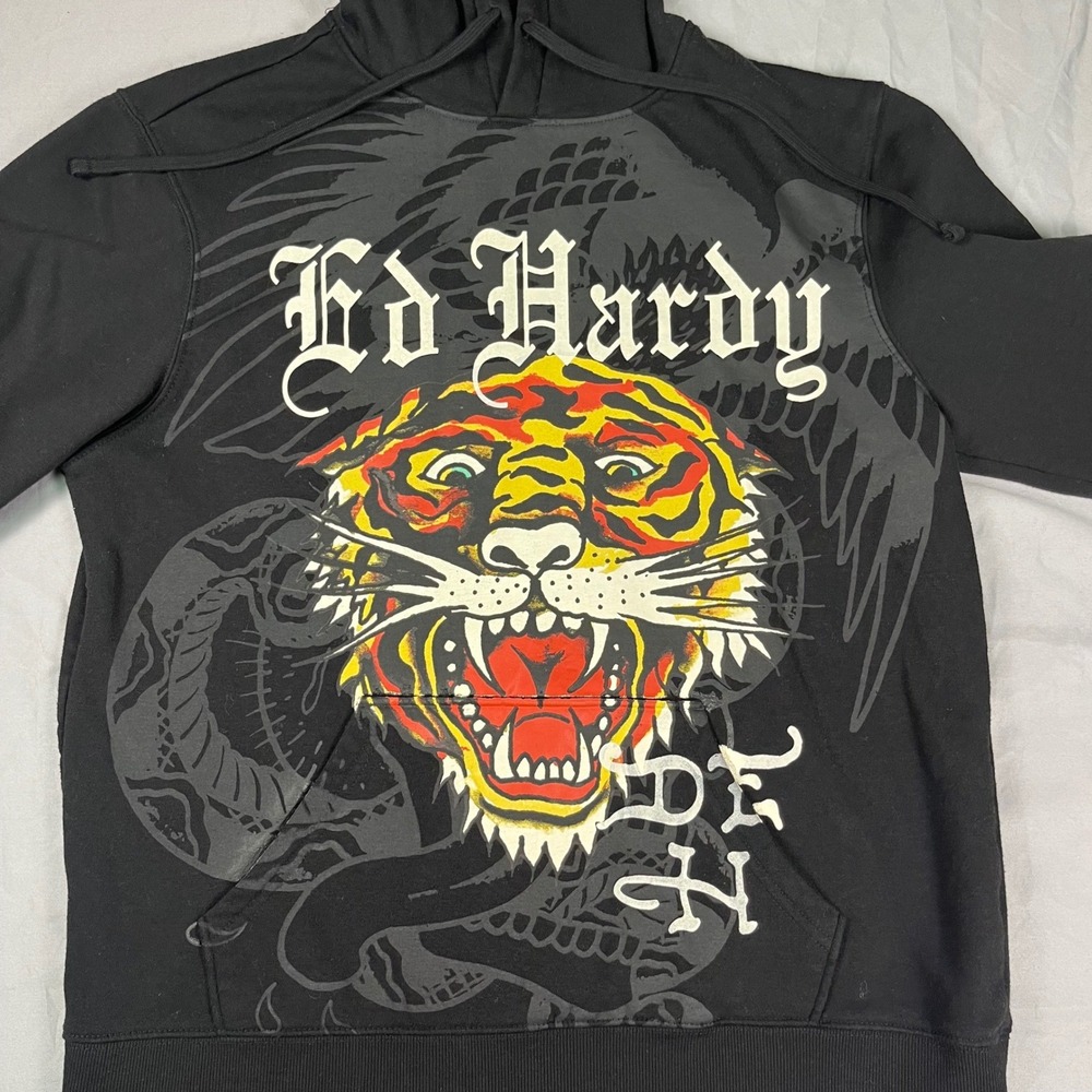 Ed Hardy Mens Tiger Love Kills Slowly Y2K Black Graphic Hoodie EHM1300-52 Medium - Picture 5 of 14